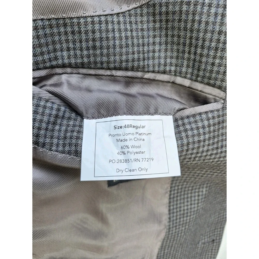 Pronto Uomo Platinum Mens Sport Coat 48R Blue Gray Check 2 Button Made in China